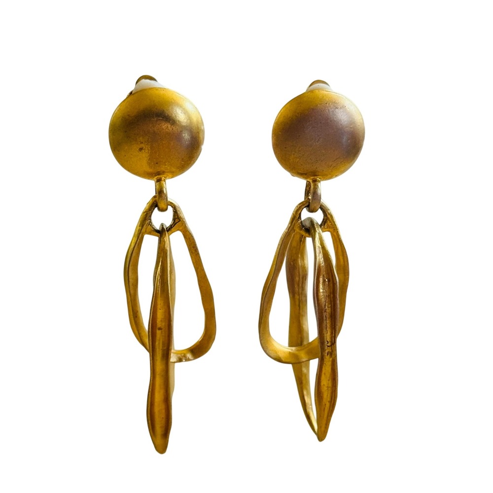Chunky Earrings Brass textured Clip Dangle‎ Hammered Brutalist Modernist 70s Big